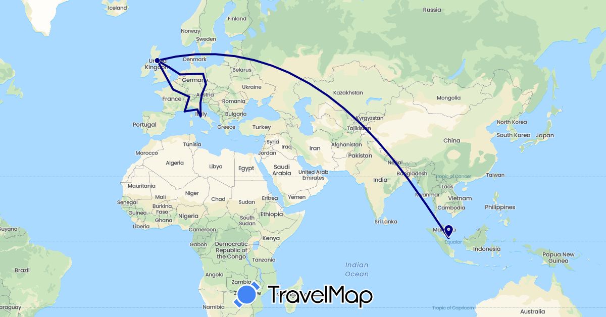 TravelMap itinerary: driving in Austria, Switzerland, Czech Republic, Germany, France, United Kingdom, Italy, Netherlands, Singapore (Asia, Europe)